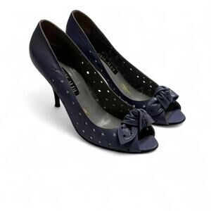 Pancaldi navy blue leather peep toe heels with bow detail women’s size 8 1/2
